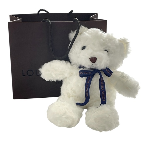 Unbranded Other - Fluffy White Teddy Bear with Navy LV Ribbon & Shopping Bag
